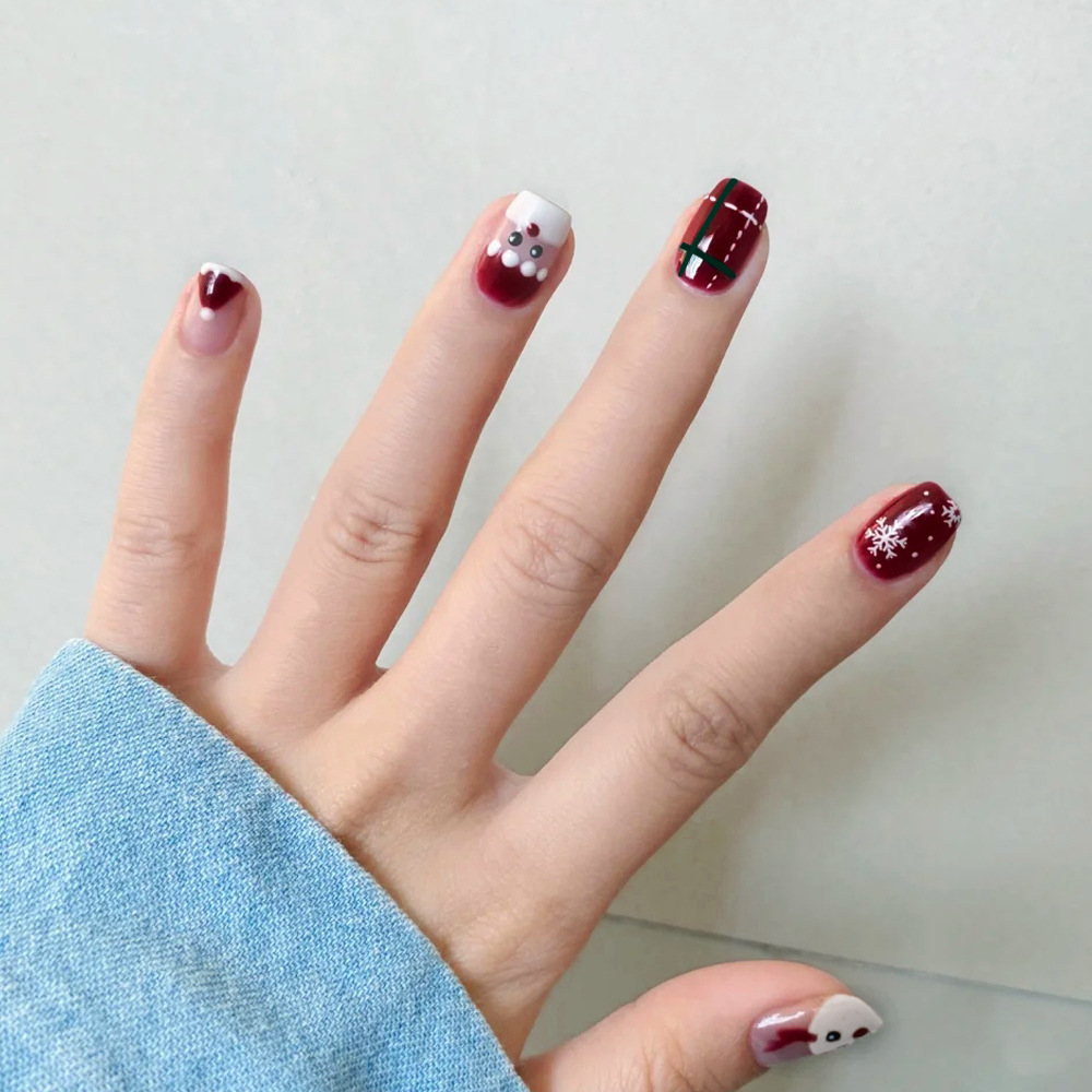 穿戴式红色圣诞麋鹿印花短款甜心可爱少女美甲成品批发指甲贴片