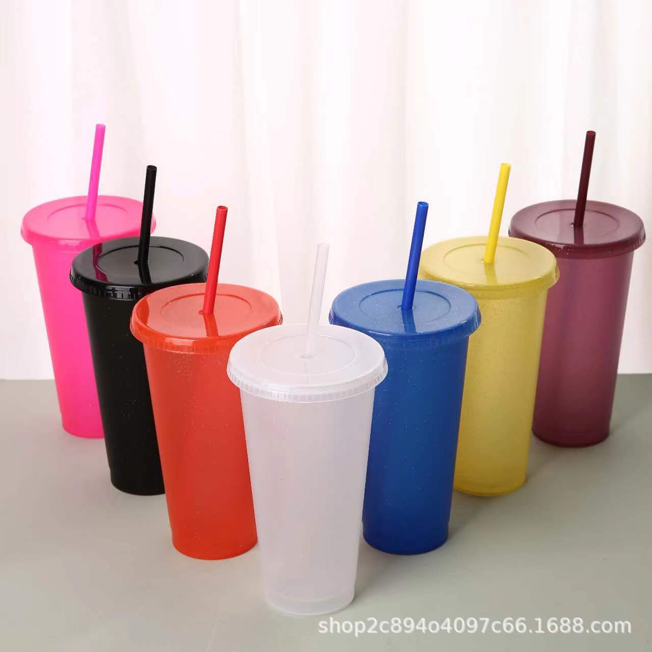 亚马逊爆款大容量塑料PP奶茶吸管杯创意时尚塑料闪粉杯便携咖啡杯