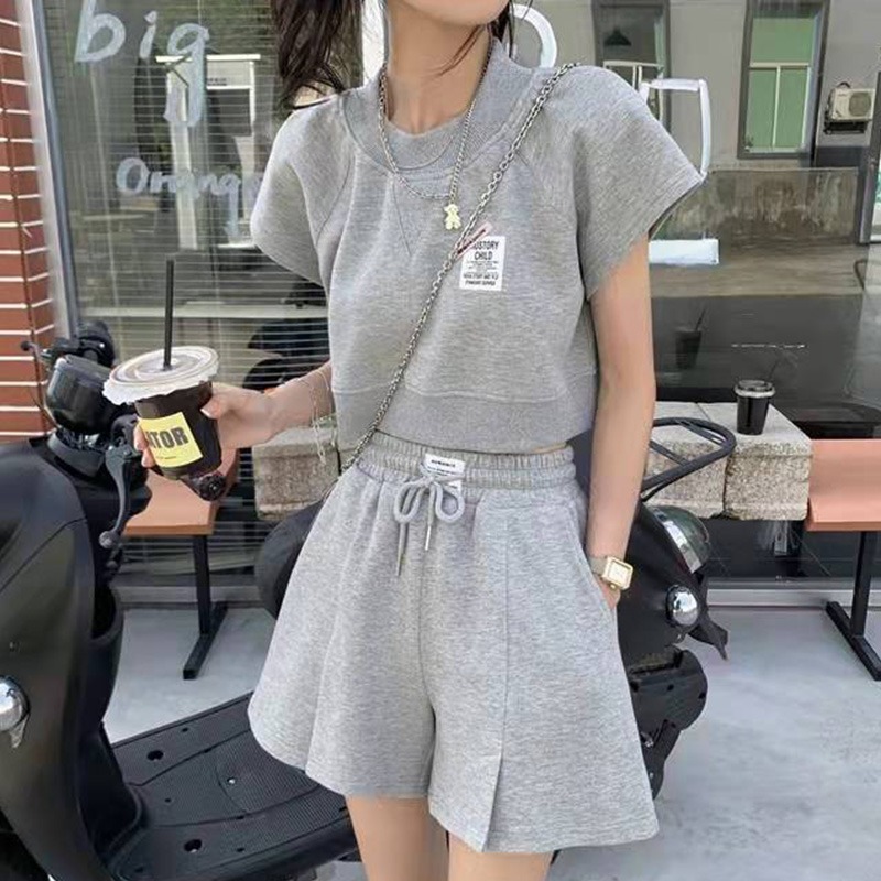 时尚休闲运动服女套装2022新款韩版宽松短袖高腰阔腿短裤两件套潮