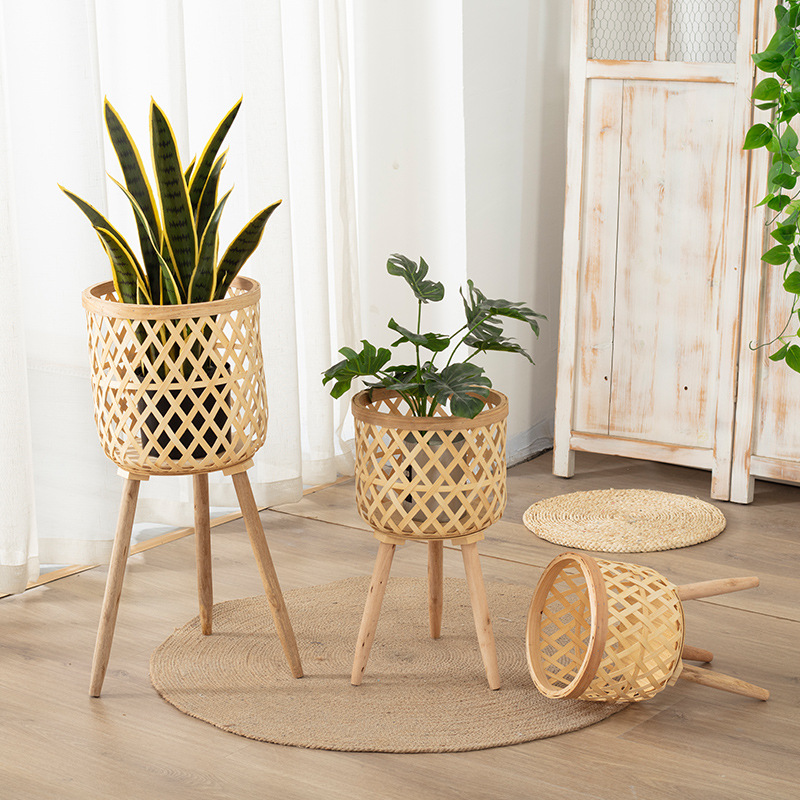 Living Room Plant Bamboo Weaved Flower Basket Decoration Monstera Deliciosa Rattan Woven Flowerpot Balcony Flower Rack Woven Basket