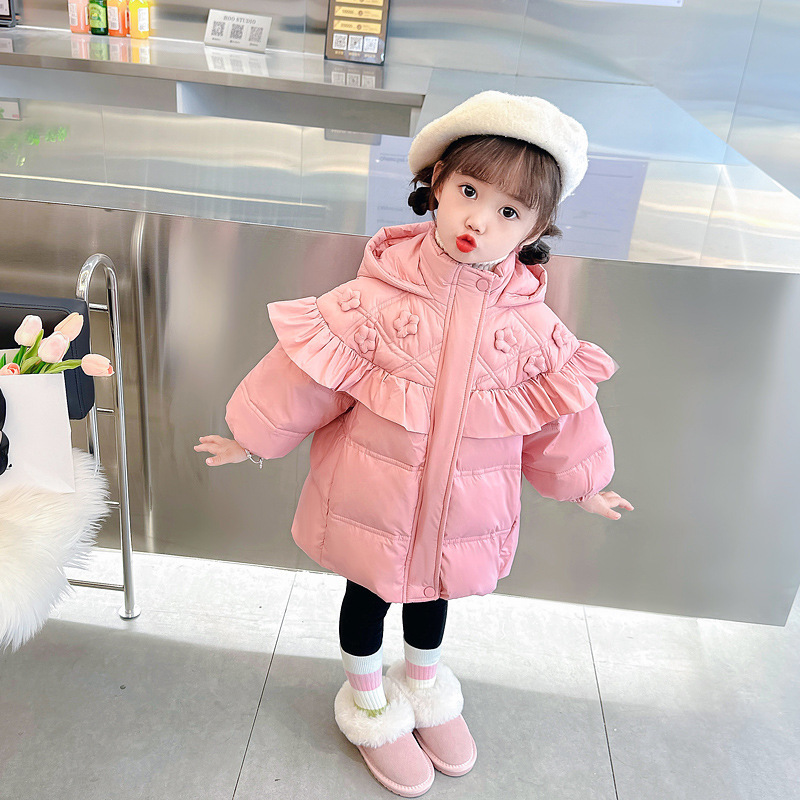 23秋冬新款儿童羽绒服女童宝宝可爱粉色白鸭绒中长款厚连帽外套