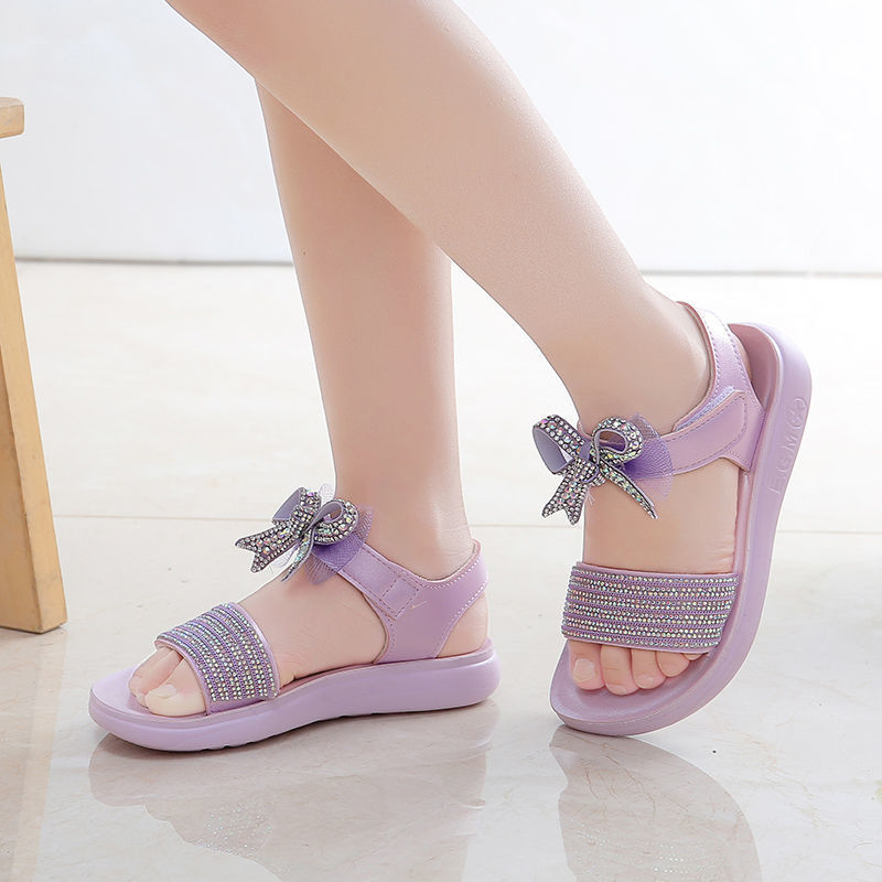 中大儿童凉鞋女2021新款时尚洋气软底防滑百搭水钻蝴蝶结学生凉鞋