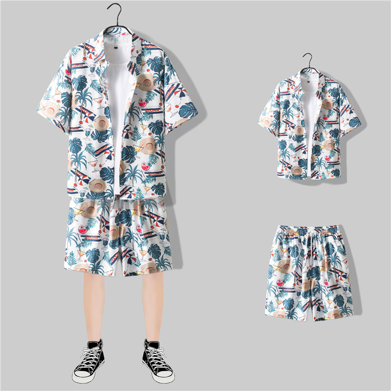 Fashion Brand Hawaii Printed Shirt Men's Summer Leisure Sports Suit Short-Sleeved Shorts Two Pieces a Set of Ruffle Boys