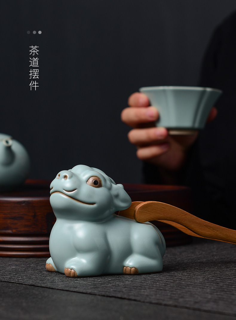 汝窑麒麟茶宠摆件天青色可养开片可爱创意招财貔貅茶艺配件茶盘玩