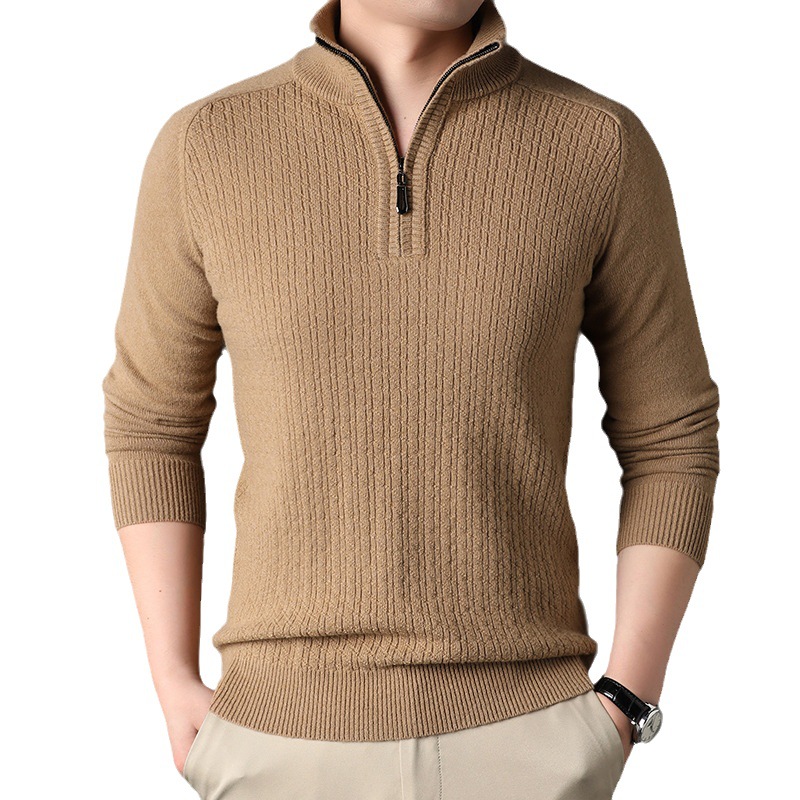 2023 Men's 100% Woolen Sweater Winter High-Grade Half Turtleneck Zipper Sweater Pure Wool Sweater Thermal Bottoming Shirt