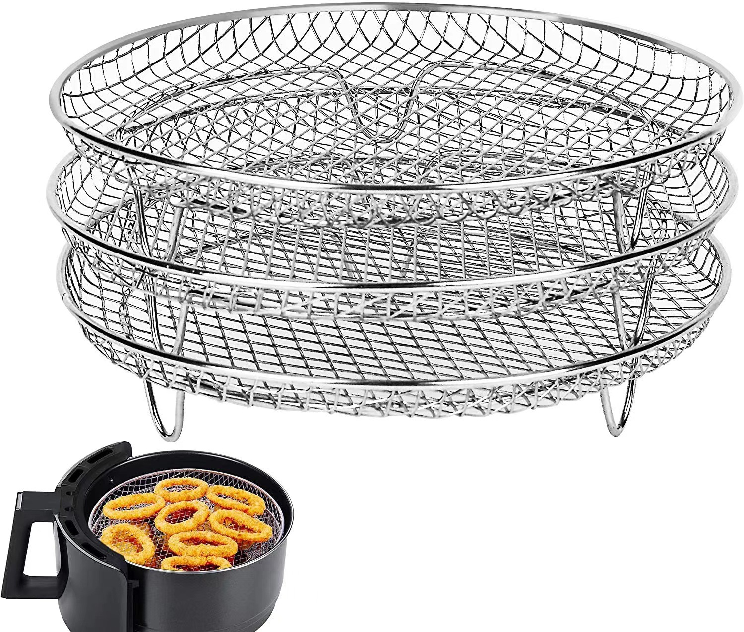 Air Fryer Accessories Stackable Dehydrating Rack Stainless Steel Three-Layer round Grill Rack Steamer Air Fryer Rack