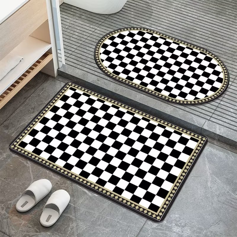 Affordable Luxury Style Diatom Ooze Chessboard Grid Bathroom Mats Black and White Plaid Water-Absorbing Non-Slip Mat Kitchen and Bathroom Door Quick-Drying Foot Mat