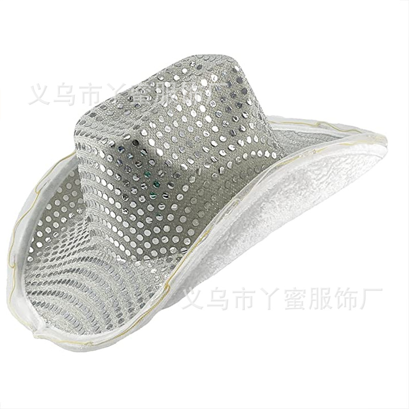 Halloween Party Silver Paillette with Lights Big Brim Eva Composite Shaping Cap Halloween with Lights Cowboy Hat