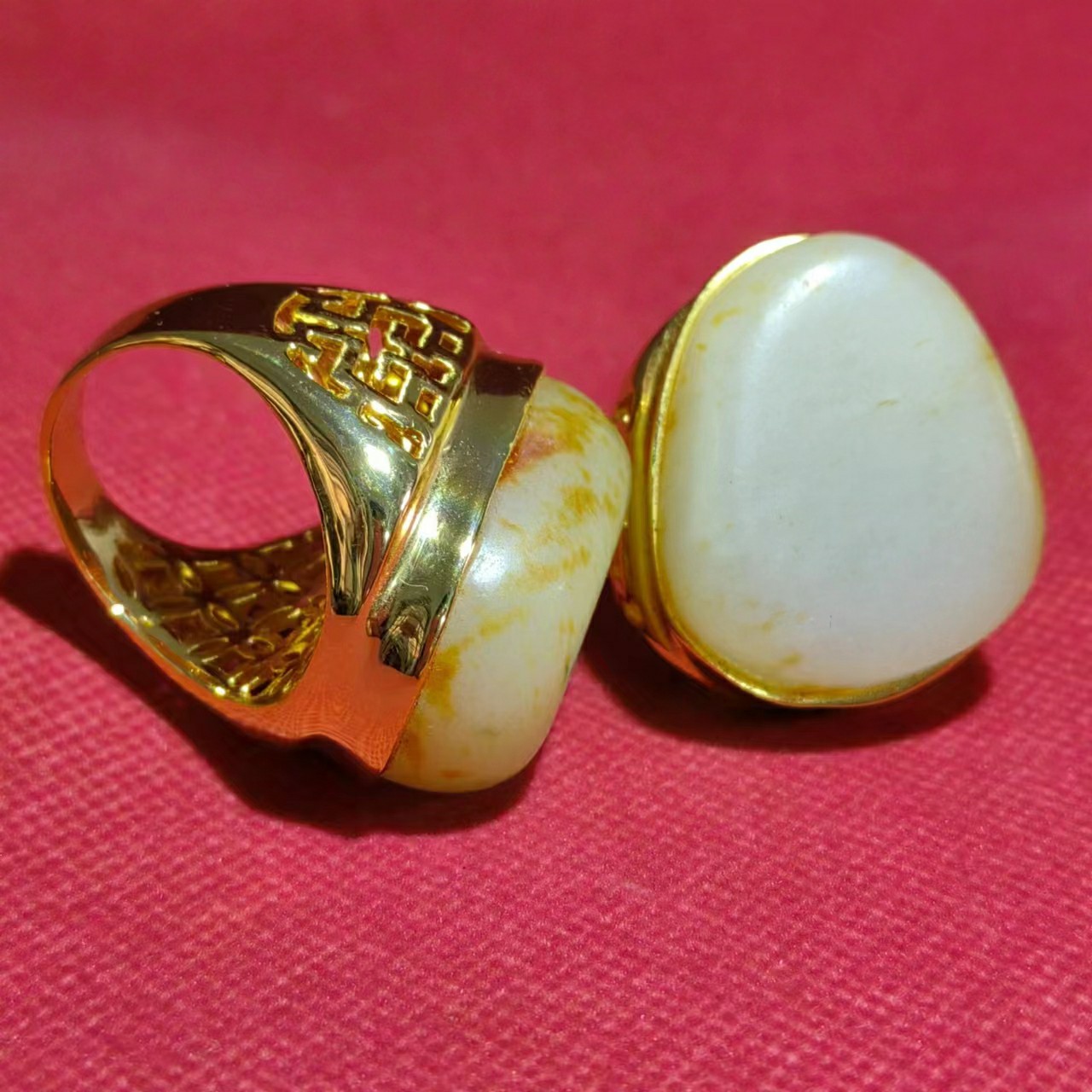 天原和田玉白玉籽料原石戒指镀黄金镶玉男款油润细腻玉石扳aqx12