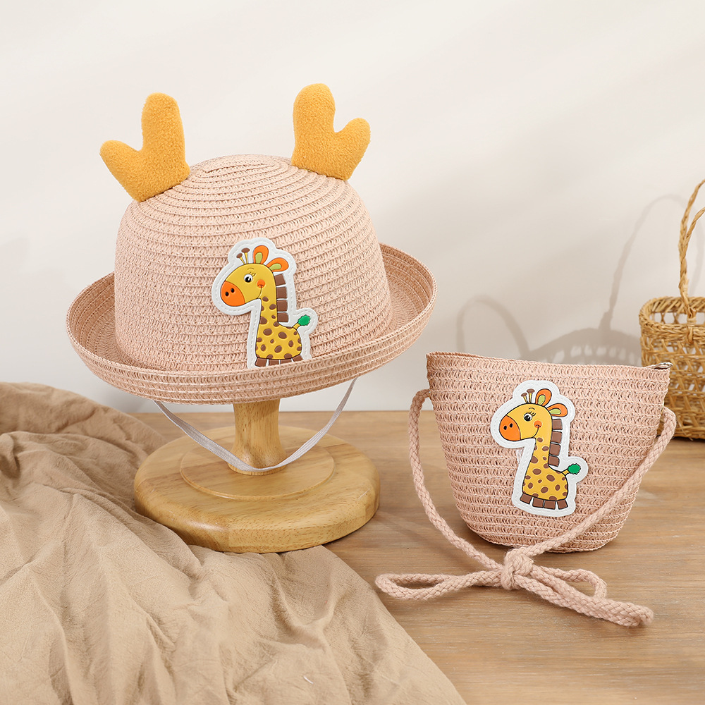 Children's Straw Hat Summer Sun-Shade Sun Protection Hat + Bag Set Korean Style Boys and Girls Cartoon Beach Sun Hat Cool