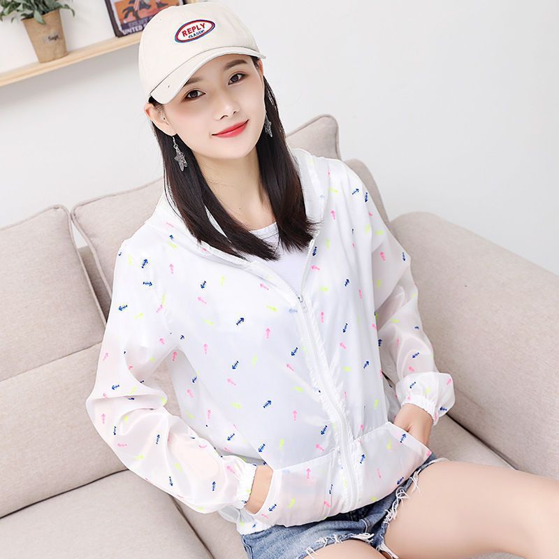 Summer Sun Protective Clothes Women's Jacket Thin Hooded Sun-Proof Top Outdoor Solid Color Printing Breathable Lightweight Quick-Drying Sun-Protective Clothing Women Clothes