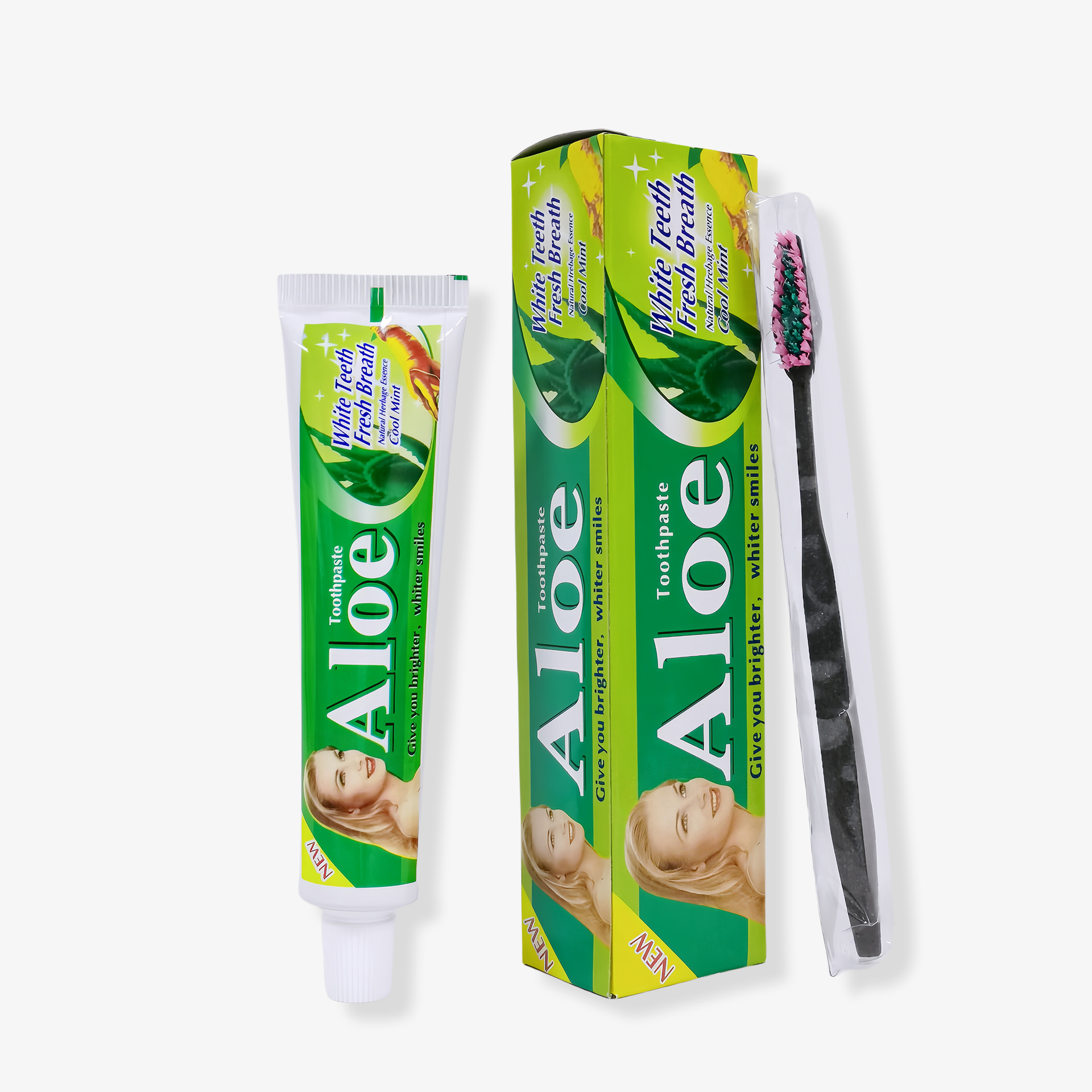 爽箭aloe芦荟牙膏带牙刷105克美白牙齿清新口气外贸跨境全英文版