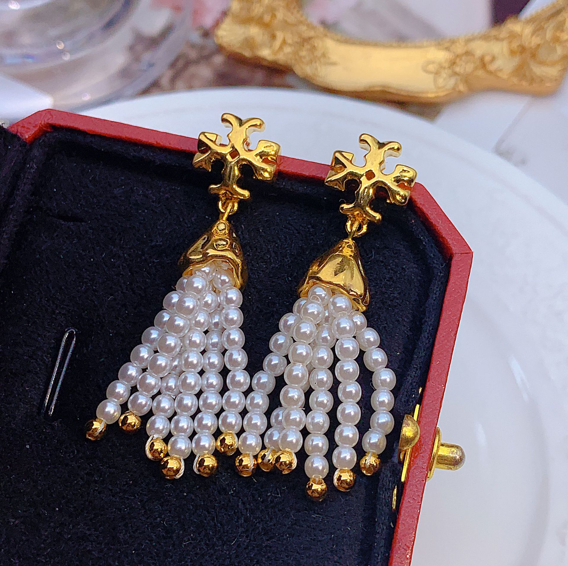 镀真金珍珠流苏耳环法式欧美外贸个性气质耳饰夸张设计款银针耳钉