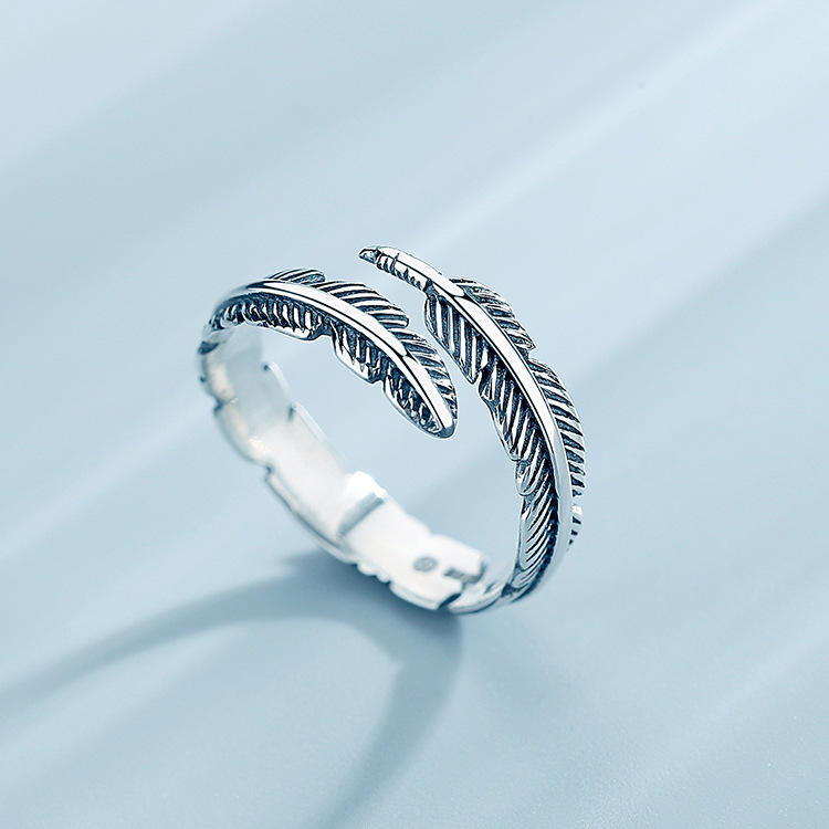 新款纯银s925戒指爆款羽毛戒指复古ins风简约中性男女圣诞情人礼