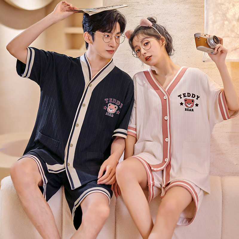 Chun Baifen Cute Couple Pajamas Women's Summer Short Sleeve Shorts Cardigan Men Leisure Set Homewear Can Be Worn outside