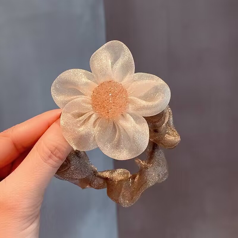 Simple Spring and Summer Mesh Five Petal Flower Hair Band Internet Celebrity 2022 New Hot Rhinestone Large Intestine Ring Rubber Band Fashion Headband for Women