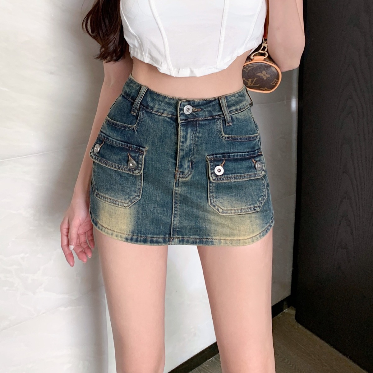 美式复古磨白口袋牛仔短裙2024春季新款显瘦百搭高腰裙