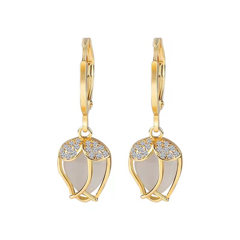 Trendy New Style Full Diamond Tulip Earrings Elegant High-Grade Opal Earrings Luxury Socialite Earrings S925 Silver Needle