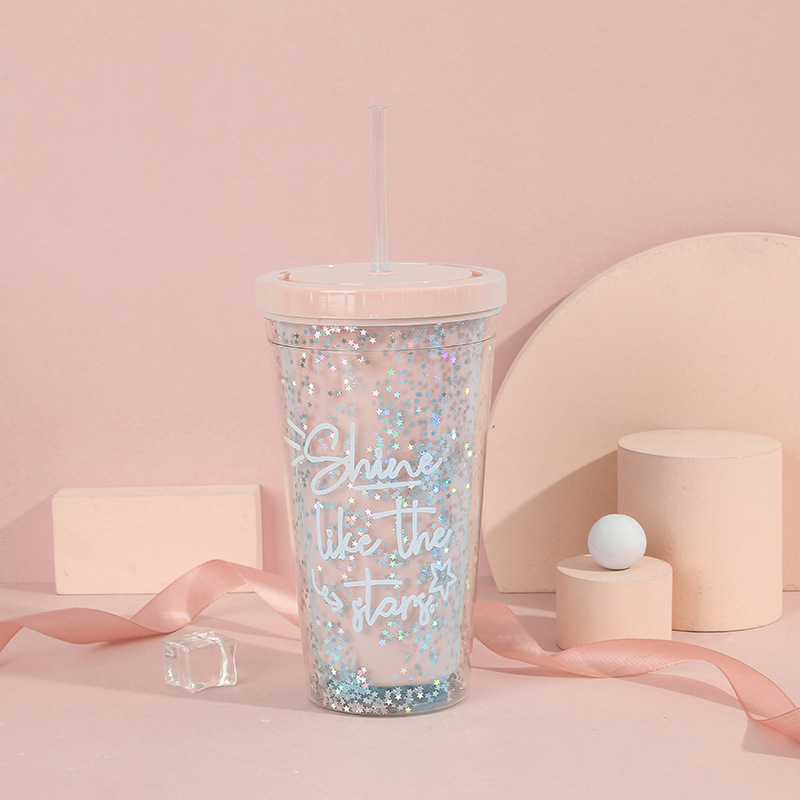 Internet Celebrity Star Sequins Creative Plastic Student Gift Cup Summer New Double-Layer Home Carrying Straw Ice Cup