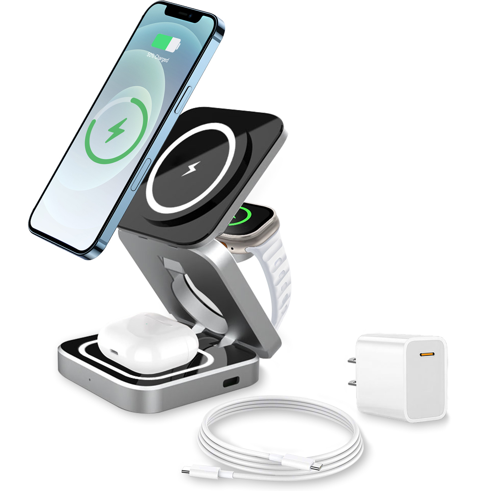 手机无线充电器三合一magsafe磁吸支架 适用苹果手机手表耳机快充