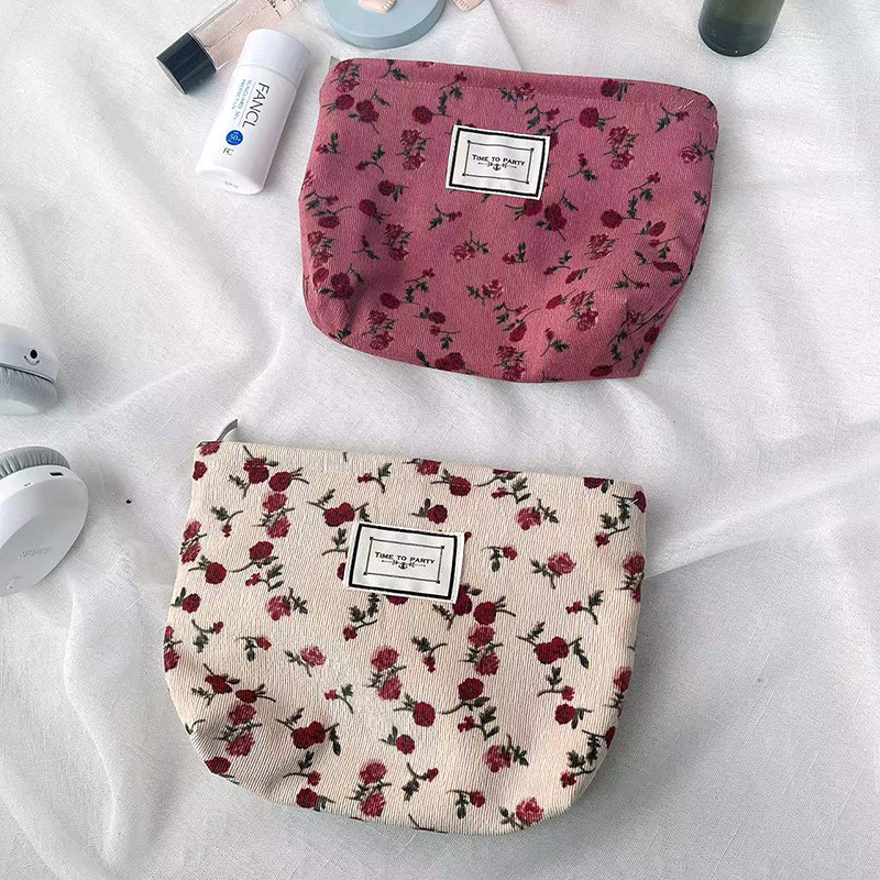 Corduroy Cosmetic Bag Contrast Color Flower Texture Niche Buggy Bag Retro Fashion Zipper Portable Toiletry Bag