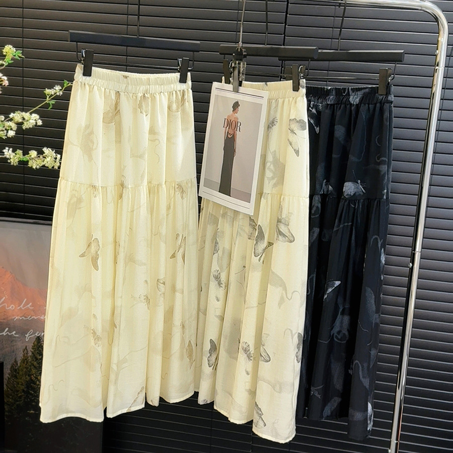 夏季轻盈感柔软欧根纱裙子复古水墨印花蝴蝶半身裙女a字百褶伞裙