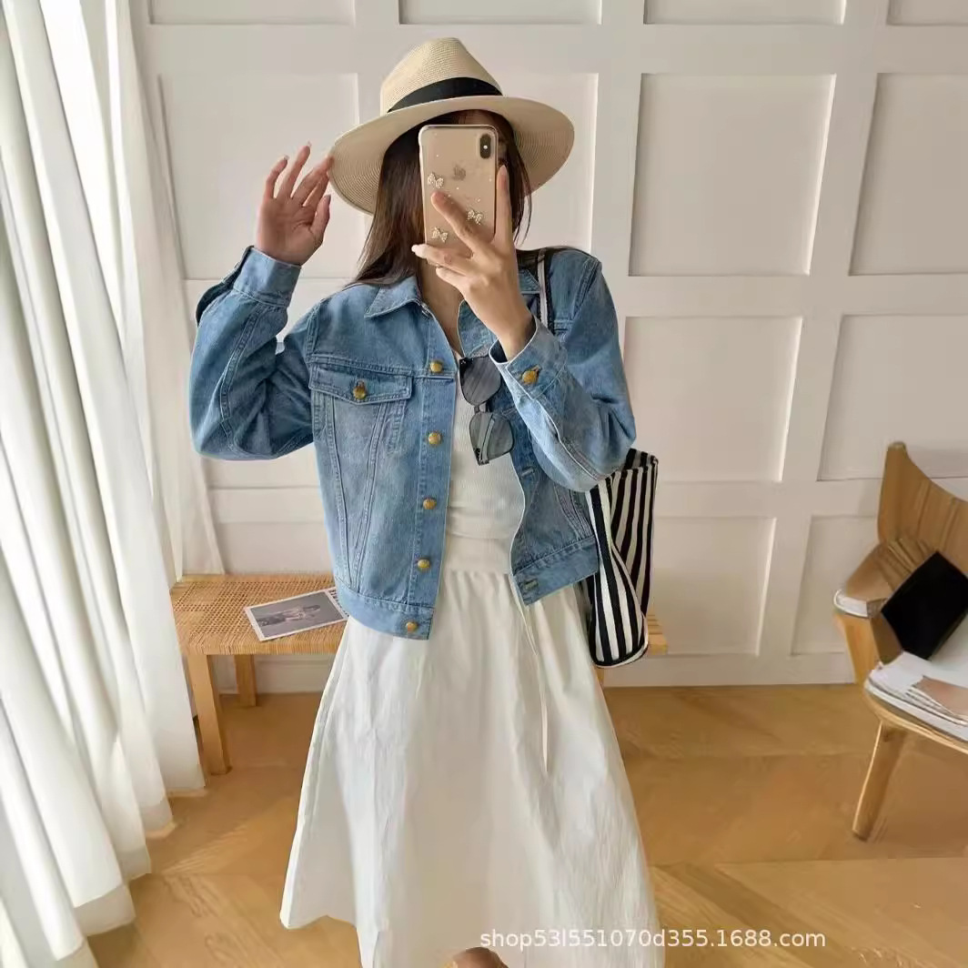 浅蓝色牛仔外套女拼接衣宽松显瘦翻领长袖款牛仔衣73430-阿里巴巴