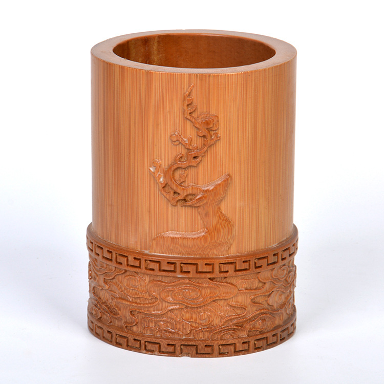 创意竹制笔筒 竹雕笔筒木制工艺品摆件书法用品传统竹节小笔筒