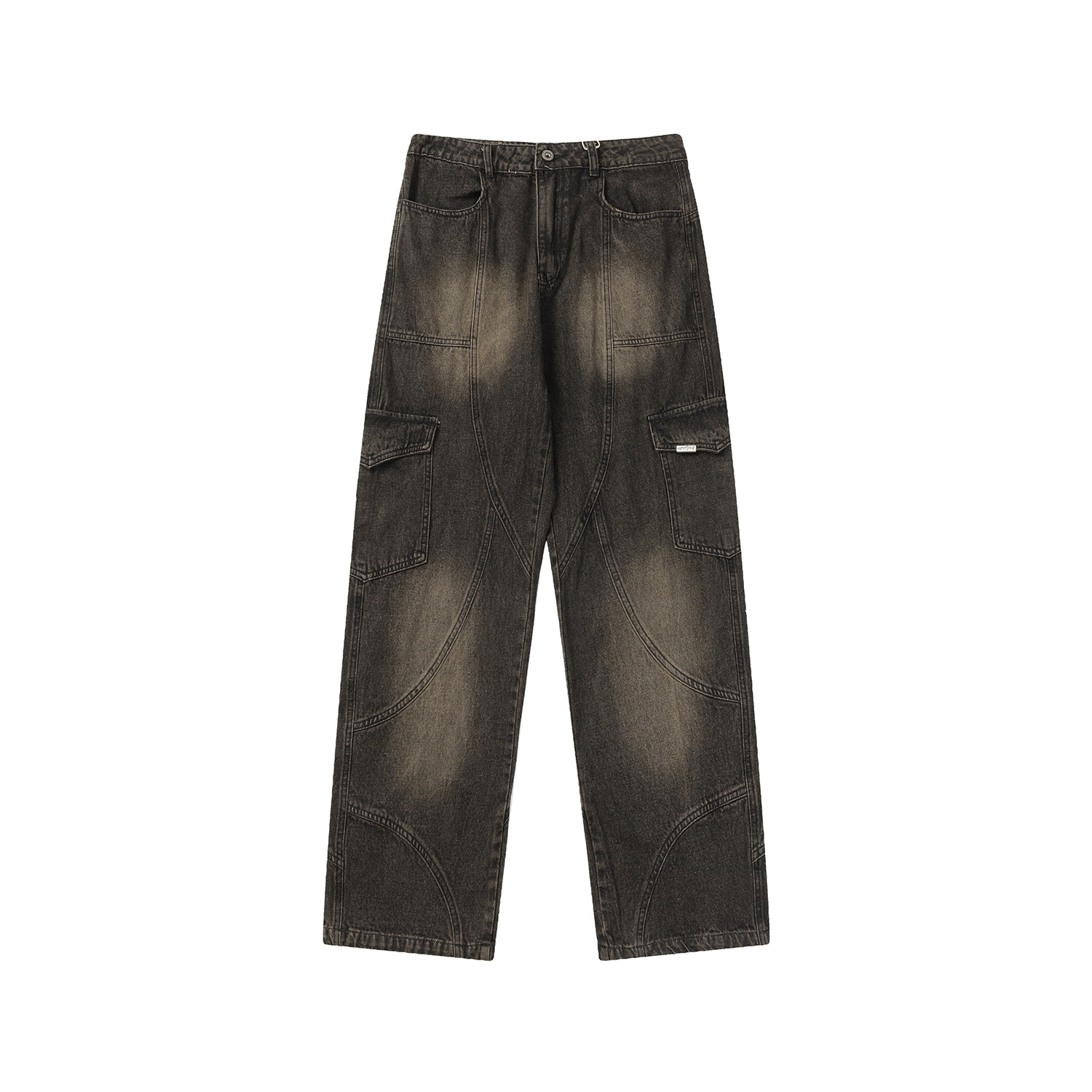 新款青春高街高腰窄版阔腿牛仔裤新款宽松毛边直筒拖地长裤批发