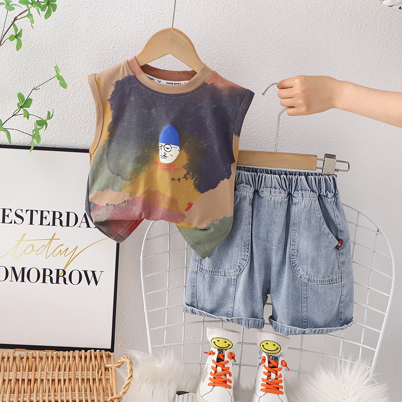 2024 New Children's Tie-Dyed Short-Sleeved Suit Girls' Summer Clothes Boy's Denim Shorts Female Baby Boy Clothes Children's Clothing