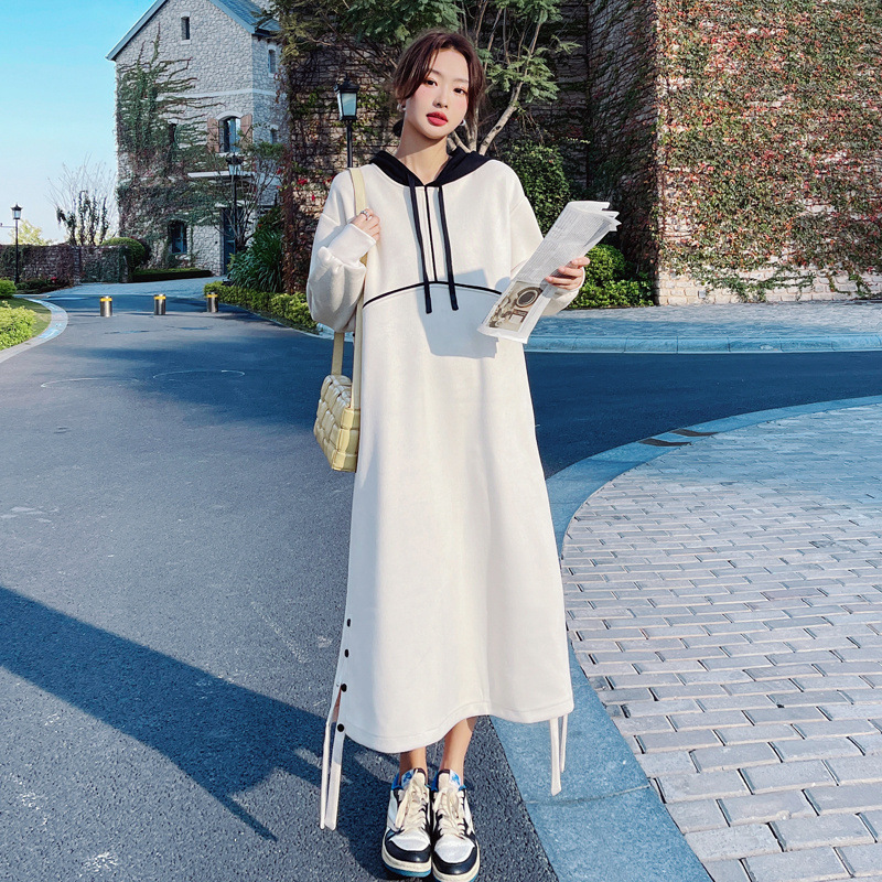 实拍森女系下摆开叉卫衣裙女春秋高级感韩系学院风别致设计连衣裙