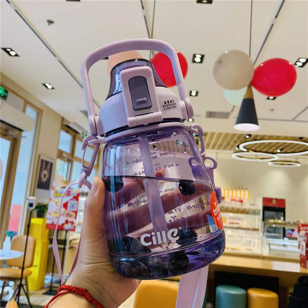 Xile Large-Capacity Water Cup 1100ml Male Student Kettle Cup with Straw Female High Plastic Cute Internet Celebrity Big Belly Cup