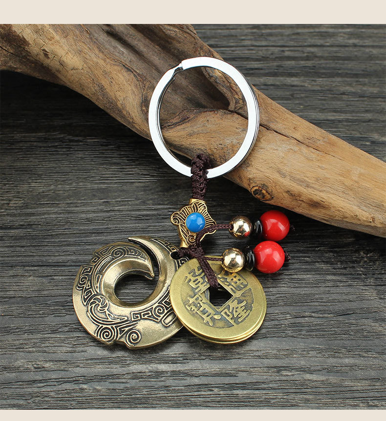黄铜时来运转钥匙扣龙勾钥匙包挂件三帝仿古铜钱复古直播景区饰品