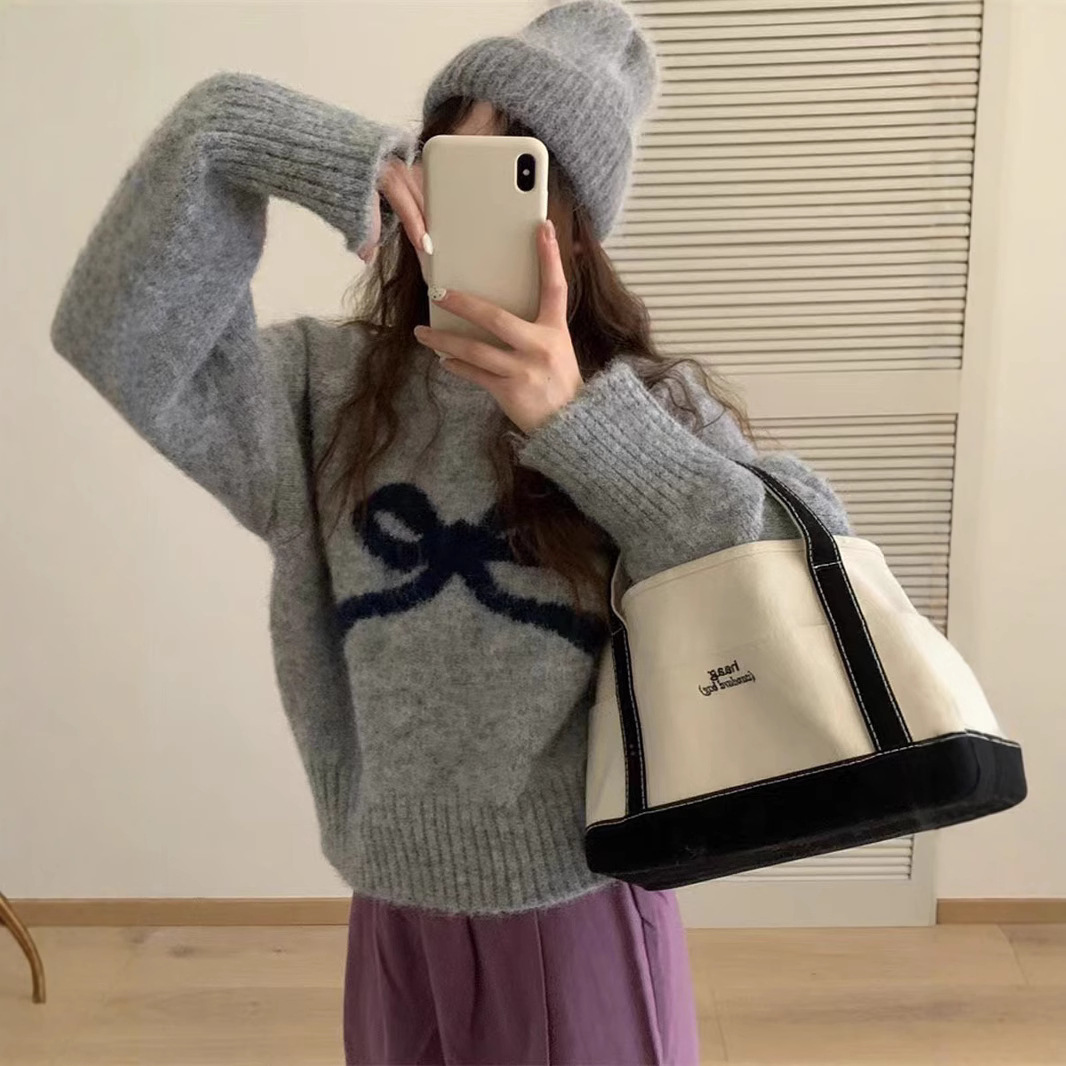 冬季新款女装高级感蝴蝶结毛衣女宽松慵懒圆领长袖针织衫上衣外套