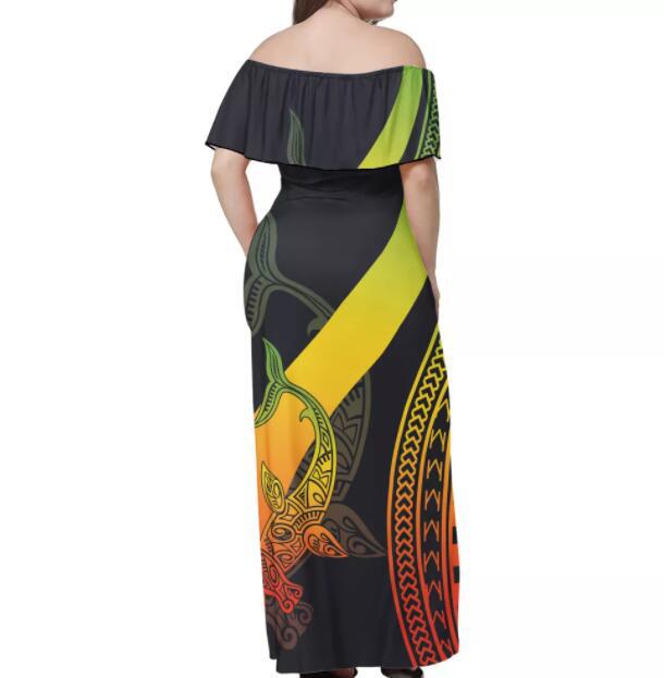 一字肩民族风短袖连衣裙 古巴印花长裙一步裙夕阳与花复古民族风