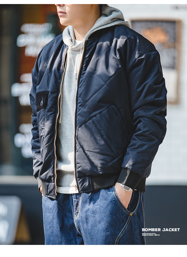 马登工装复古飞行员夹克冬季灯芯绒口袋拼接棉衣服男厚