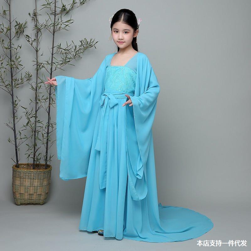 儿童古装古典衣服仙女装拖尾女童贵妃公主裙古代古筝演出表新