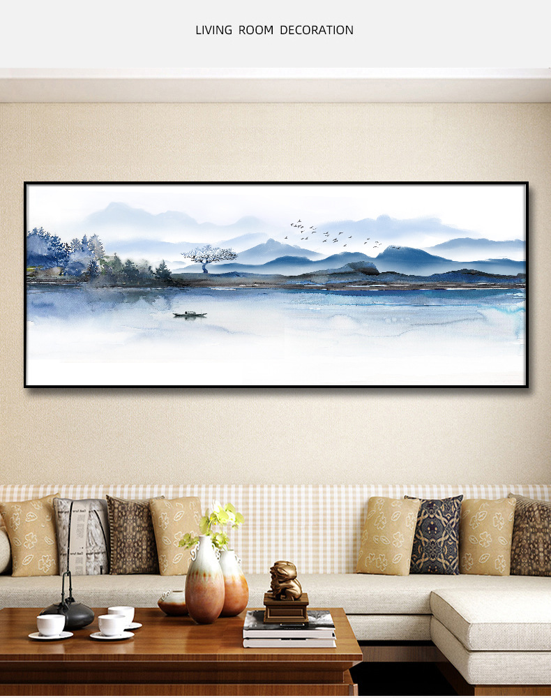 新中式山水画客厅装饰画 沙发背景墙壁画挂画 横版大气壁画晶瓷画