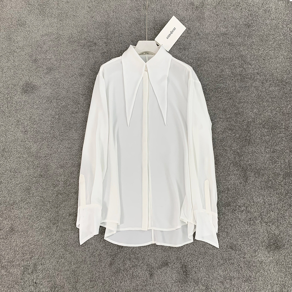 2021春夏新款 韩国kimhekim兔耳朵尖领白衬衣女 宽松显瘦长袖衬衫