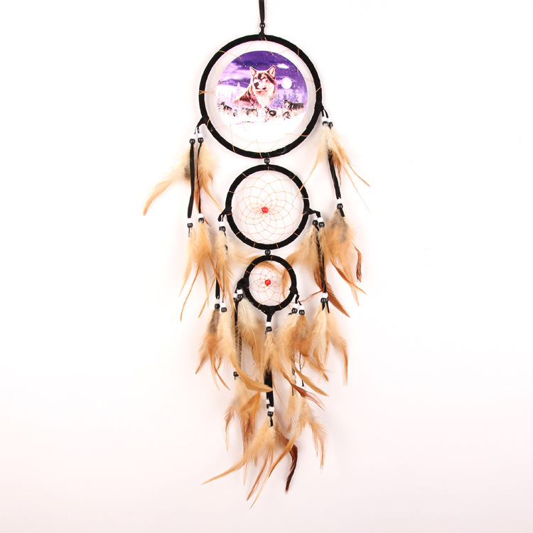 Vintage Indian Style Wolf Head Oil Painting Home Wall Decoration Wall Hanging Decoration Natural Feather Three Rings Dreamcatcher Cross-Border Hot Sale