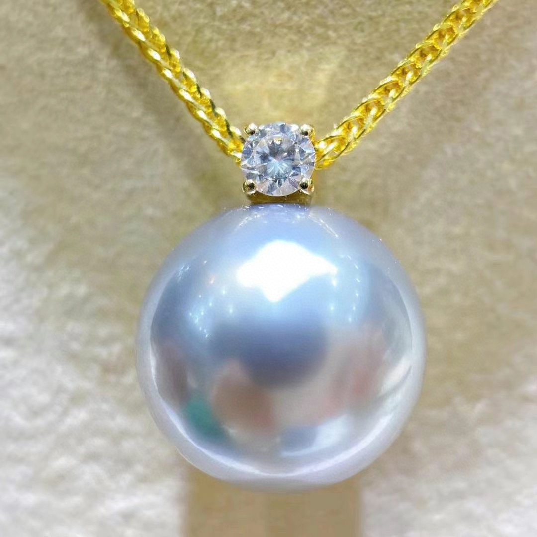 天然原色海水大溪地铂金灰珍珠吊坠12-11mm正圆强光无暇18k金