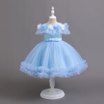 女童生日花朵礼服蓬蓬裙洋气裙子蓝色短款儿童表演服装花童生日裙