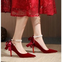 2023年新款红色秀禾鞋时尚蝴蝶结高跟鞋女细跟婚鞋新娘鞋中式宴会
