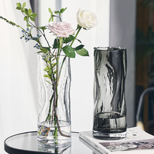 创意褶皱玻璃花瓶灰色鲜花百合插花客厅扭纹花瓶软装桌面摆件批发