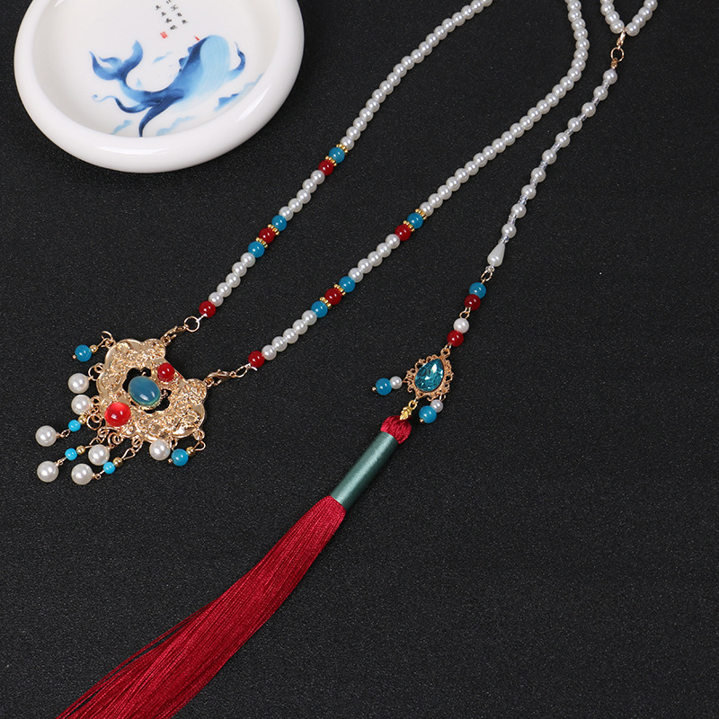 汉服背云软璎珞长款项链流苏珍珠项圈明制晚古风长命锁坦领配