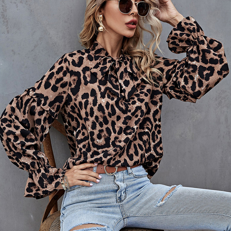 2021亚马逊ebay春季爆款欧美豹纹系带长袖女上衣长袖衬衫