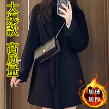 黑色毛呢外套女小个子中长款夹棉秋冬新款韩版系带立领呢子大衣