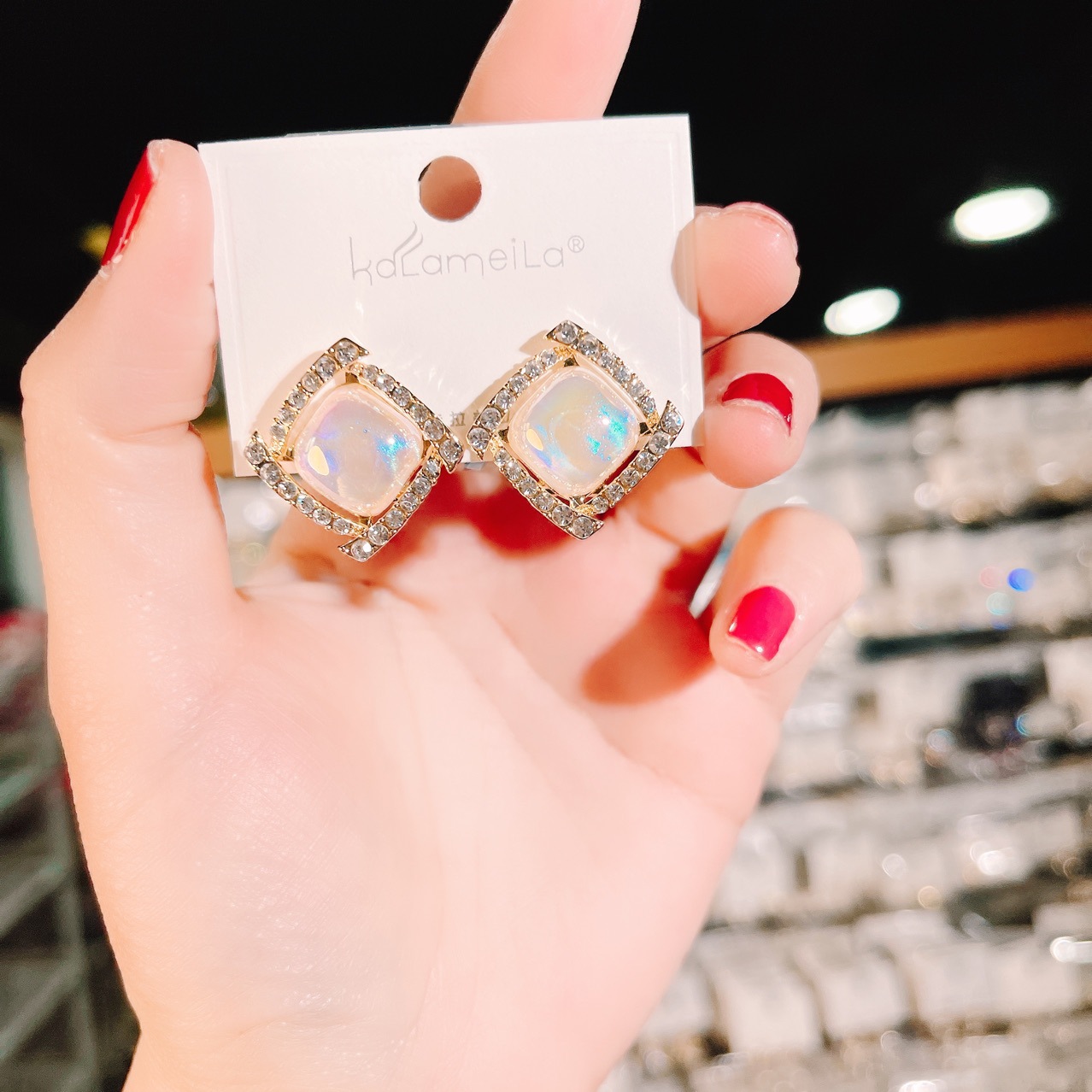 卡拉美拉时尚通勤简约耳饰镶钻炫彩珍珠方形耳扣耳钉925银针耳环