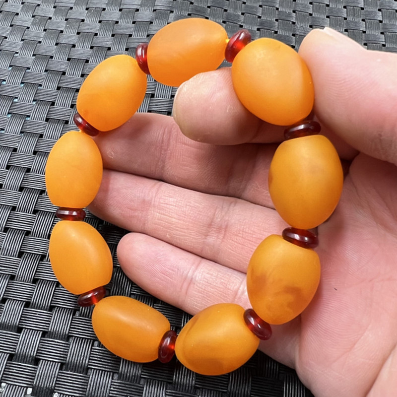 荧光浮盐水蜜蜡手链二代蜜蜡米珠手链橘黄色路路通手链复古手串