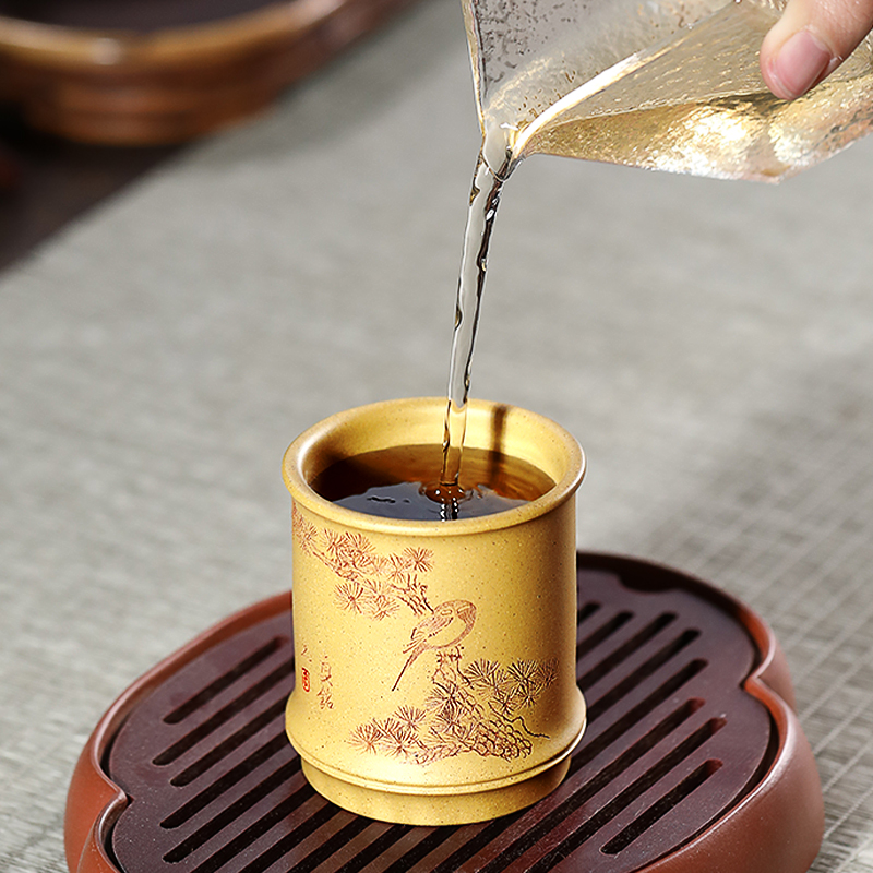 ql@和泥有缘宜兴紫砂杯 原矿黄金段青段泥刻绘福乐品茗杯 主人杯